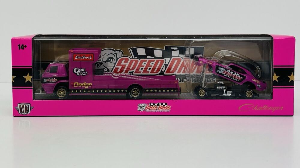 M2 Machines Speed Dawg '71 Dodge Challenger Funny Car w/ '66 COE Hauler Pink NIB